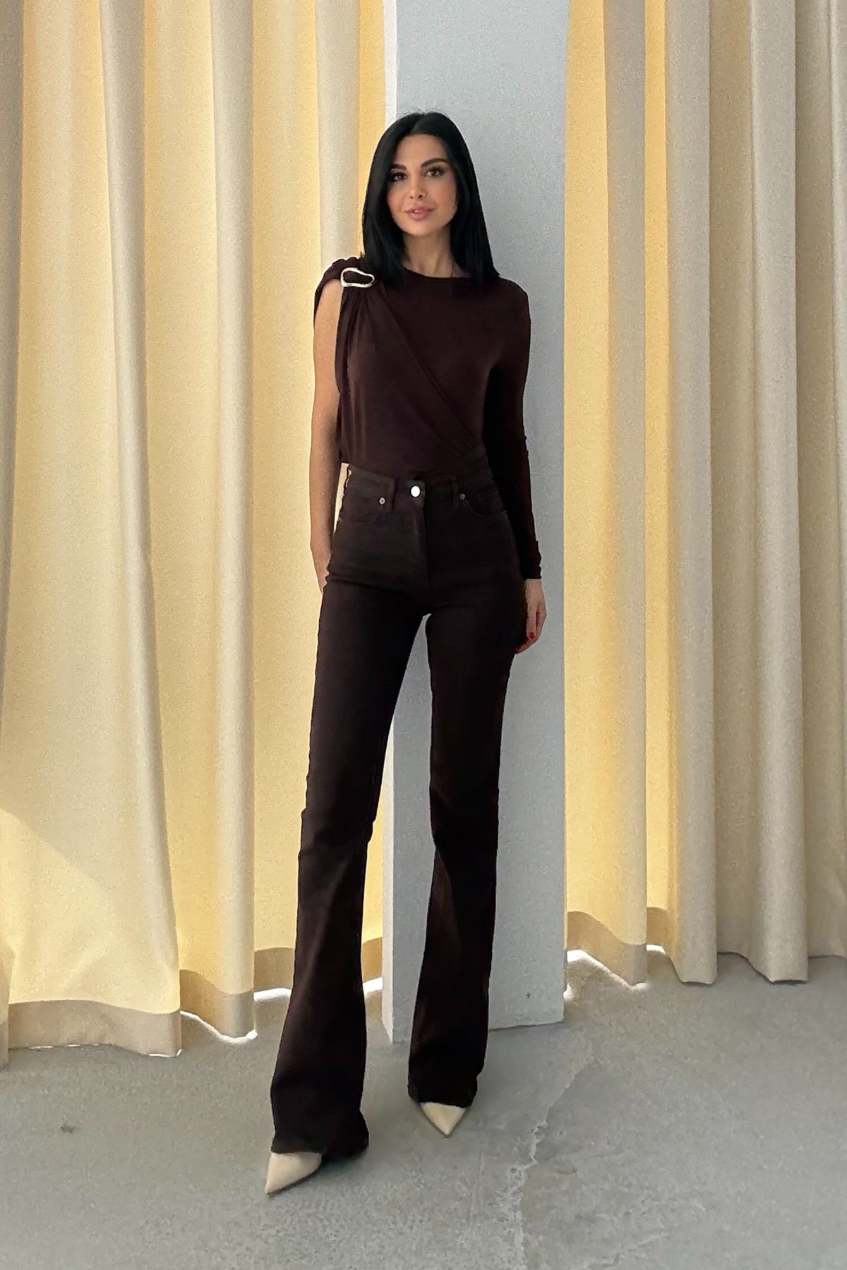 Kahverengi İspanyol Paça Jean SY-3477-Kahverengi