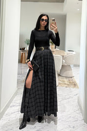 Ekose Desenli Yırtmaç Detaylı Siyahlı Gri Çizgili Kloş Etek SY-3494-Siyah