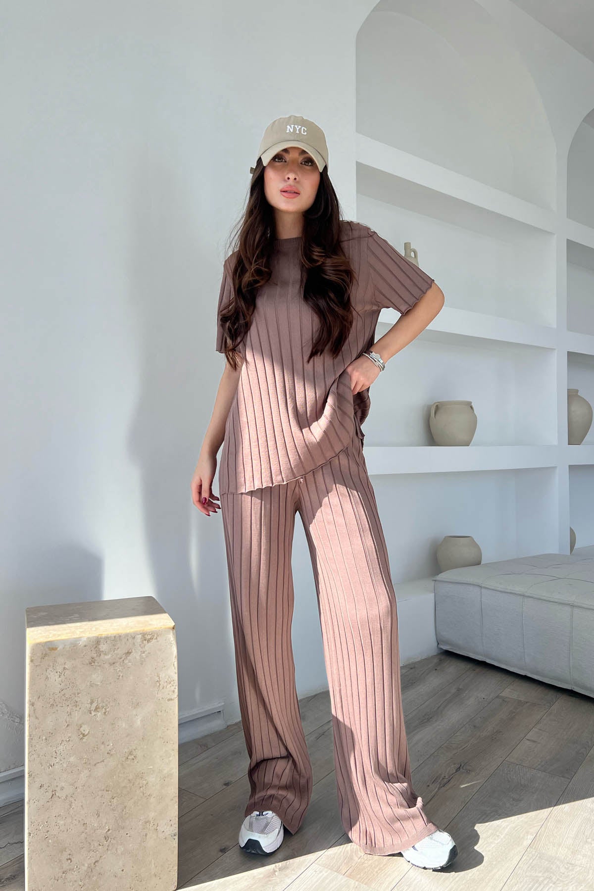 Vizon Fitilli  Kısa Kol ve Pantolon Triko Takım SY-1703-Vizon