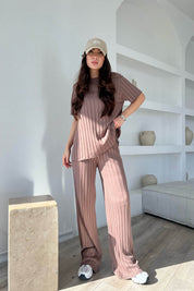 Vizon Fitilli  Kısa Kol ve Pantolon Triko Takım SY-1703-Vizon