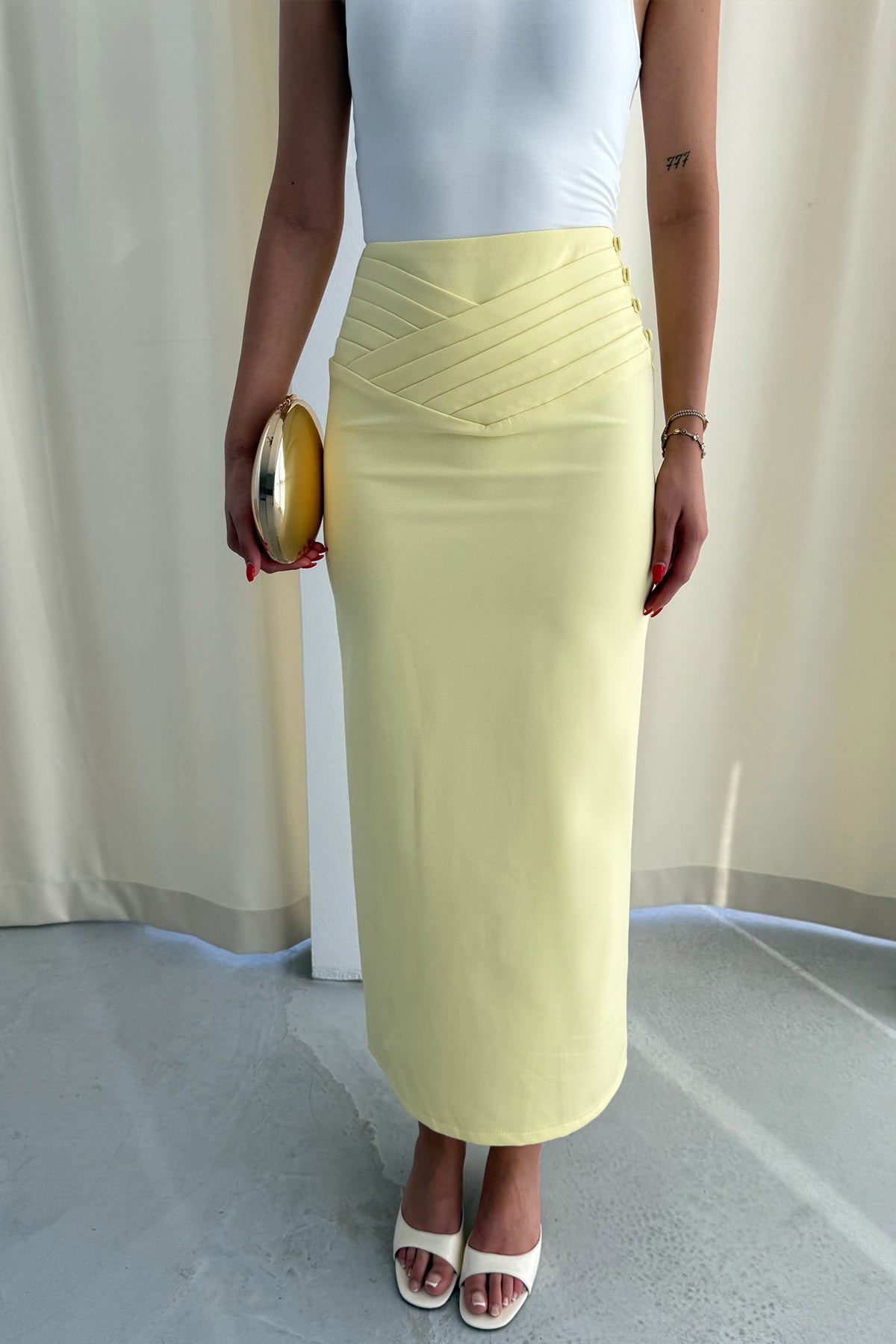 Sarı Kat Detaylı Kalem Etek SY-3258-Sarı