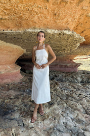 Ekru Sırt Dekolteli Çan Keten Elbise SY-0789-Ekru