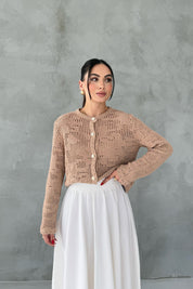 Bej Örgü Detaylı Regular Fit Düğmeli Triko Hırka SY-3076-bej