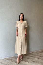 Vizon Puantiyeli Arka Bel ve Kol Ucu Gipeli Elbise SY-1727-Vizon