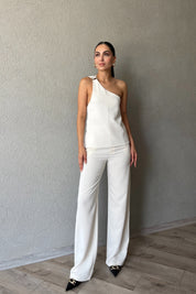 Ekru Pileli Tek Arka Cep Detaylı Pantolon SY-2343-Ekru