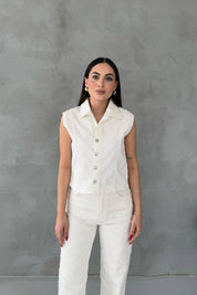 Ekru Baklava Desenli Denim Yelek ve Pantolon Takım SY-3069-Ekru