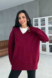 Bordo V Yaka Oversize Pinterest Triko Kazak SY-3348-Bordo