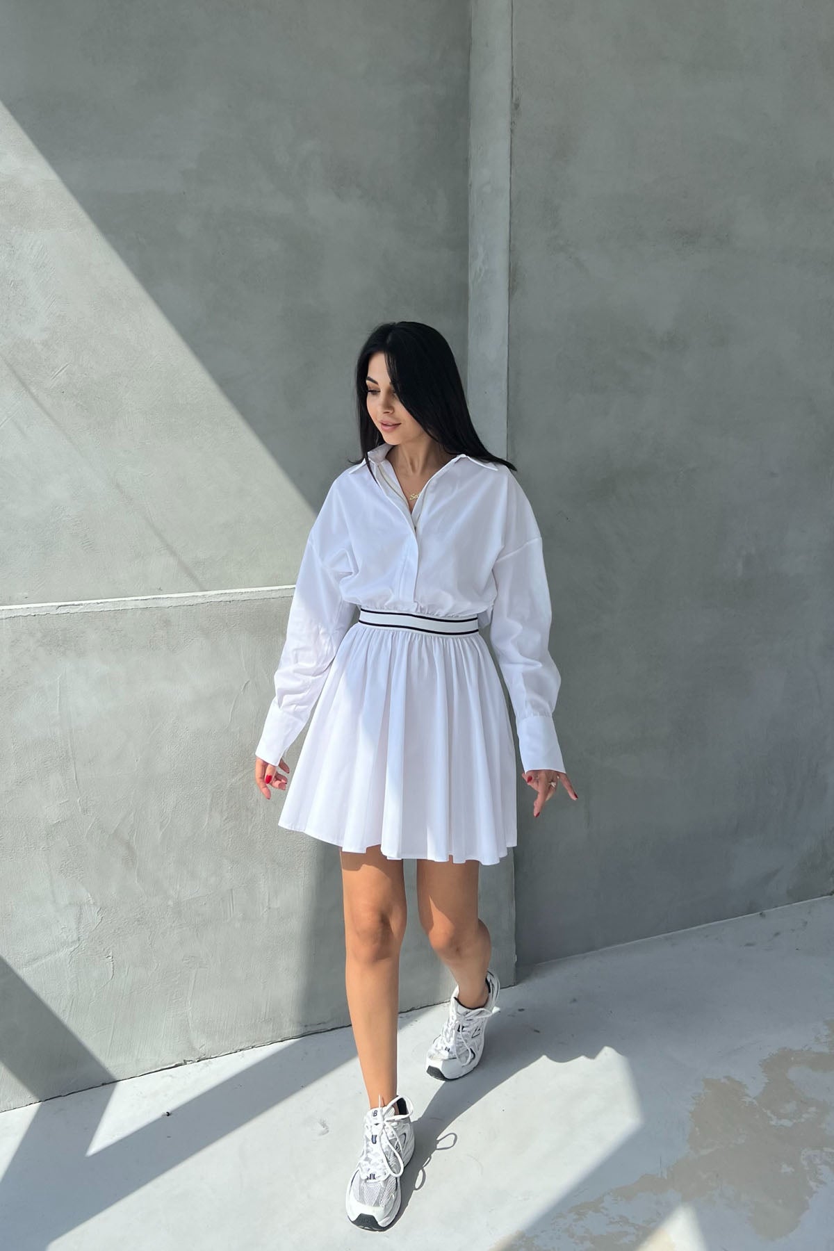 Beyaz Beli Lastikli Fermuarlı Uzun Kollu Elbise SY-2545-Beyaz