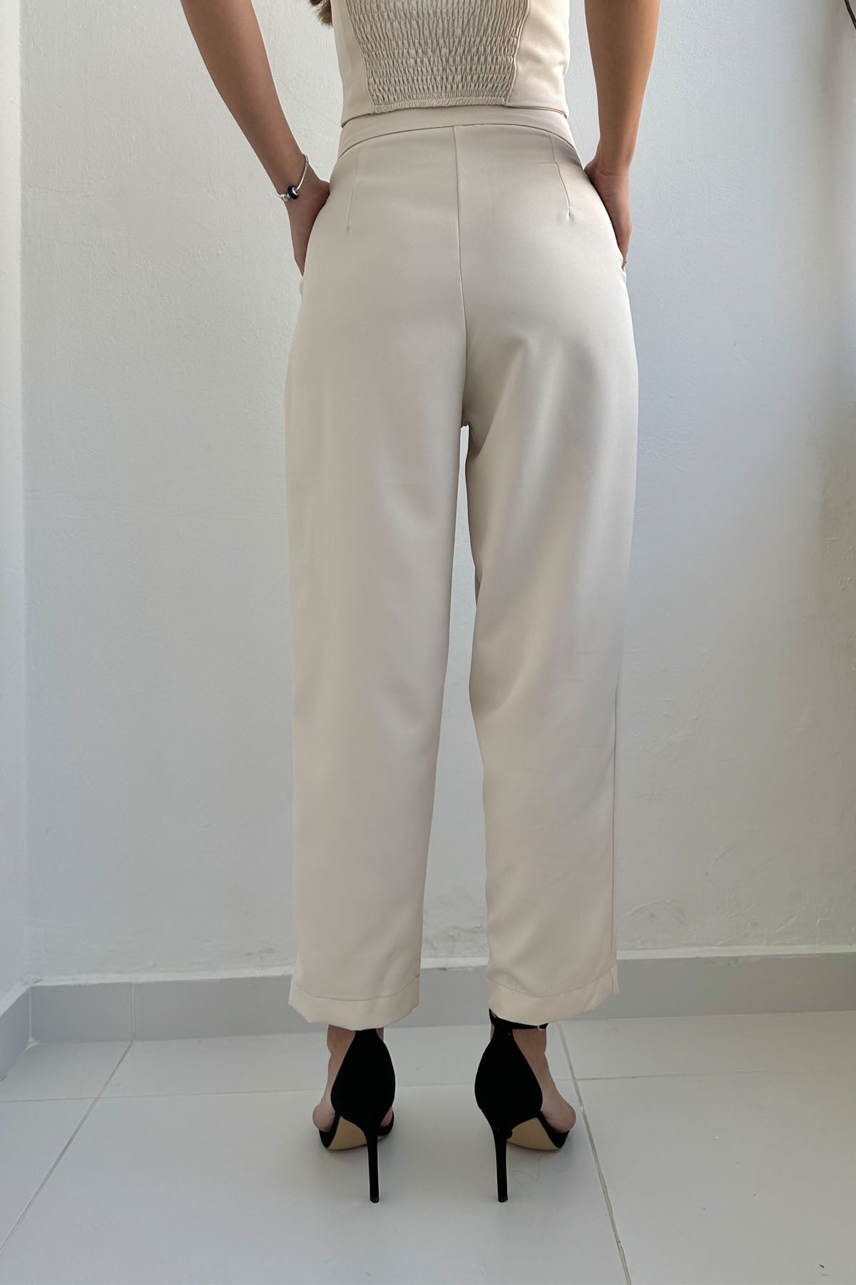 Bej Önü Pileli Pantolon ve Vatkalı Ceket Takım SY-0143-Bej