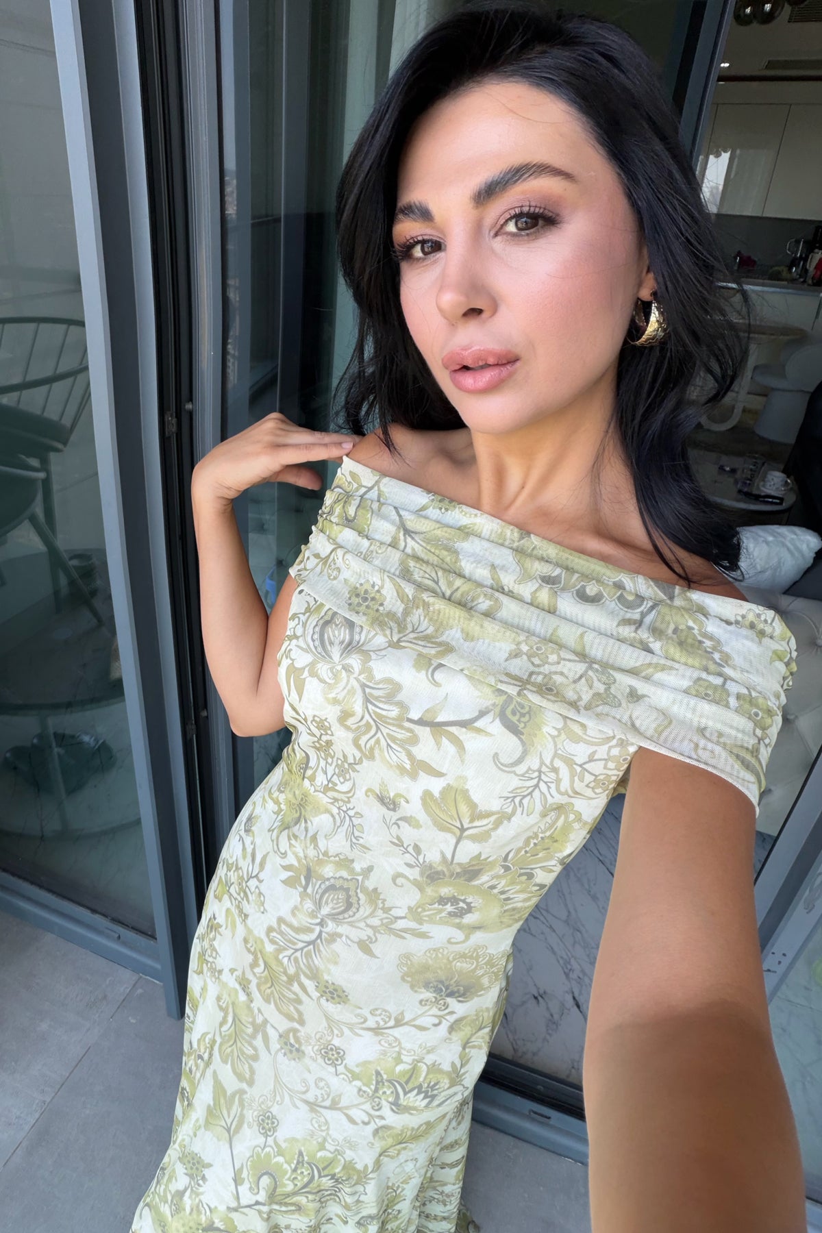 Yeşil Çiçek Motifli Tül Maxi Elbise SY-3794