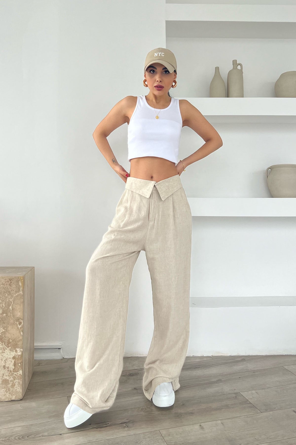 Bej Bel Detaylı Bol Paça Naturel Keten Pantolon SY-1772-Bej