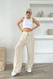 Bej Bel Detaylı Bol Paça Naturel Keten Pantolon SY-1772-Bej