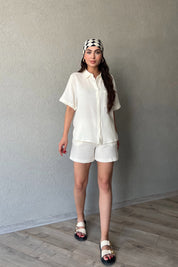 Ekru Kısa Kol Gömlek Şort Müslin Takım SY-2118-Ekru