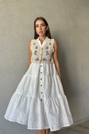 Beyaz Önü Düğmeli Triko Gömlek Detay Fisto Elbise SY-0738-Beyaz