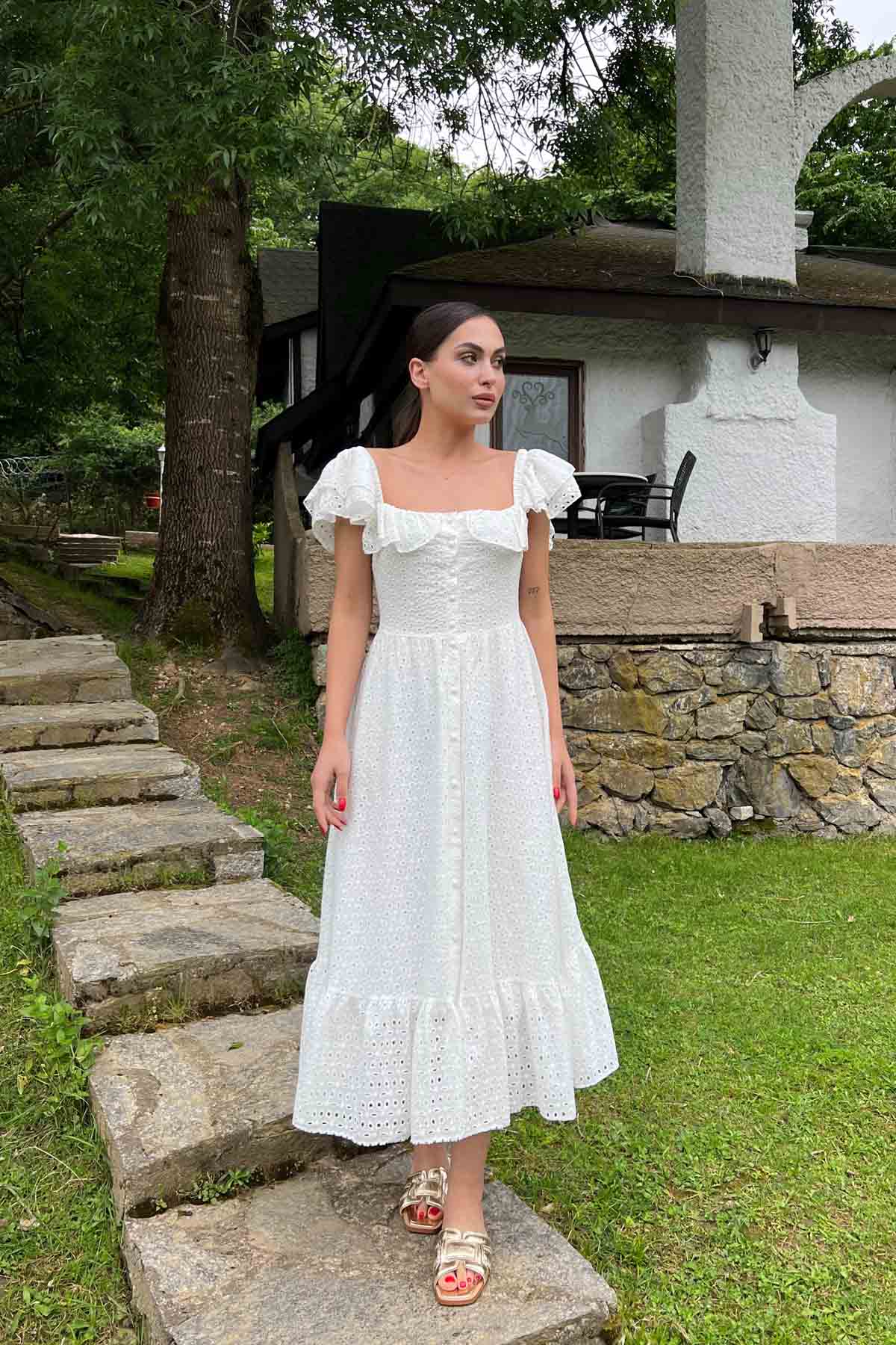 Ekru Önü Düğme Detaylı Kolları Gipeli Brode Elbise SY-2050-Ekru