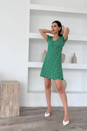 Yeşil Bağlama Detay Çiçekli Çıtır Elbise SY-0489-Yeşil
