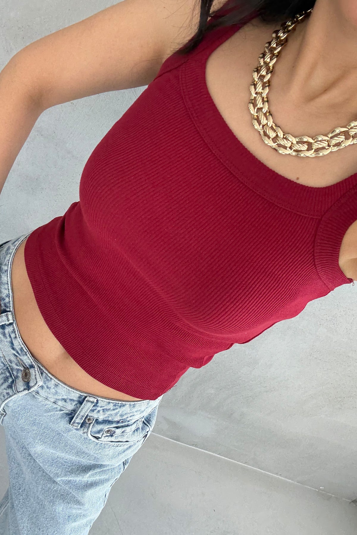 Bordo Slim Fit Dar Kesim U Yaka Fitilli Atlet SY-3171-Bordo