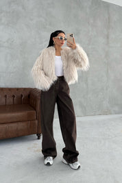 Ekru Saçaklı Kürk Ceket SY-3388-Ekru