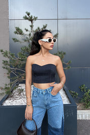 Lacivert Tasarım Çizgili Straplez Büstiyer SY-0951-Lacivert