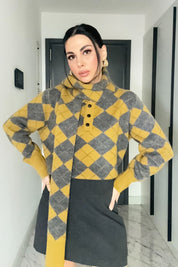 Kendinden Şallı Baklava Desenli Polo Yaka Triko SY-3563-Yağ Yeşili