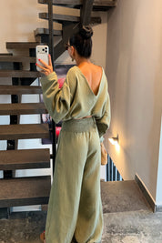 Haki Gipeli Bel Pantolonlu Müslin Takım SY-3783-Haki