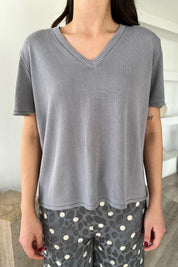 Gri V Yaka Kısa Kol Triko T-shırt SY-1731-Gri