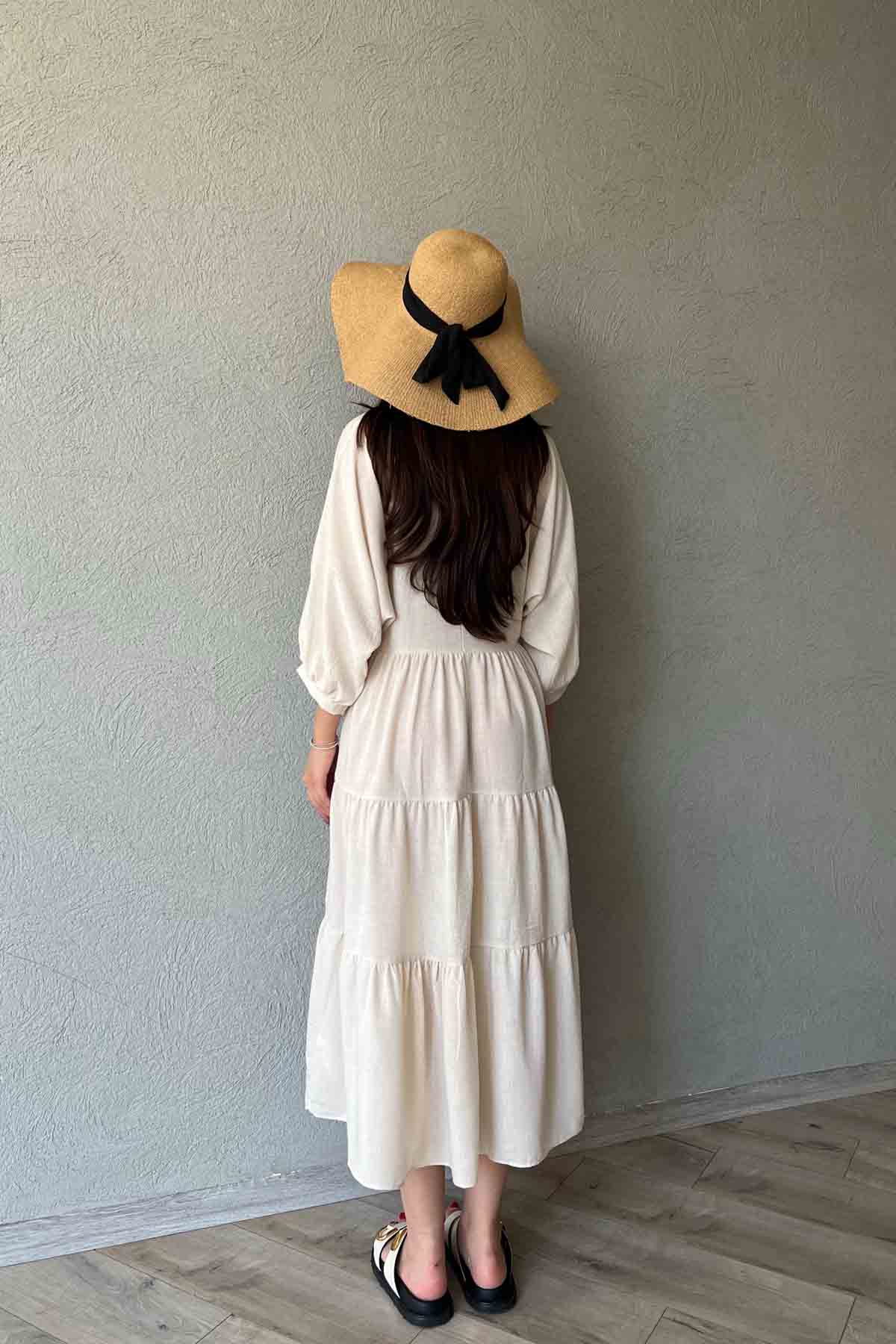 Müslin Kumaş V Yaka Rahat Kesim Taş Elbise SY-1939-Taş