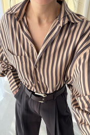 Kahve Çizgili Premium Gömlek SY-3356-Kahve