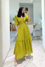 Fıstık Yeşil V Yaka Dantel Detaylı Brode Elbise SY-3652-Fıstık Yeşil