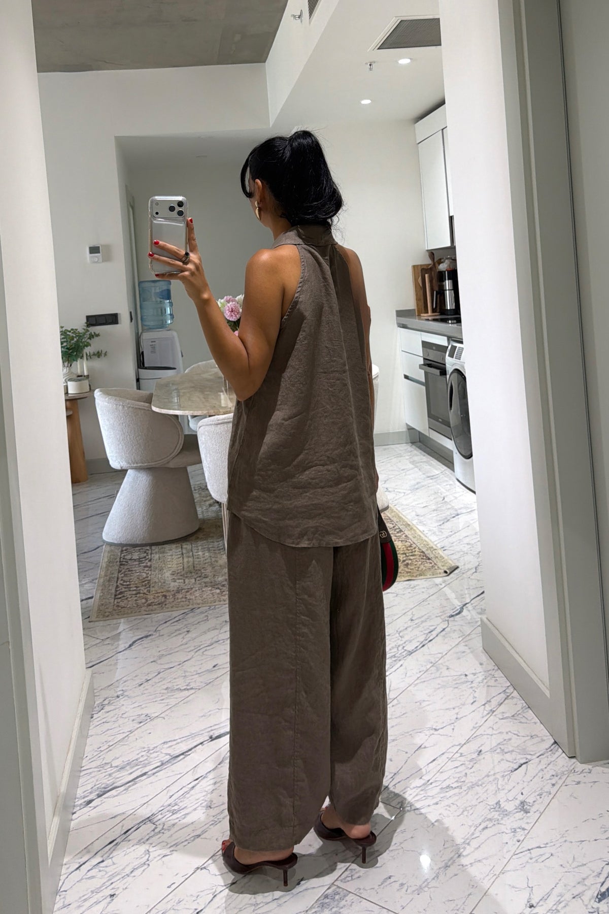%100 Keten Kahverengi Yelek Pantolon Takım SY-3763-Kahverengi