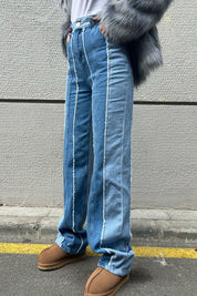 Mavi Çift Renkli Yüksek Bel Normal Paça Jean SY-1589-Mavi