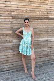 Mint Yeşili Desenli Eteği Büzgü Detaylı Elbise SY-2179-Mint Yeşili