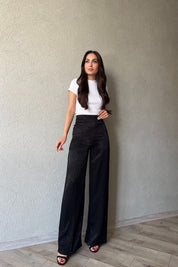 Siyah Saten Leopar Desenli Önü Dikiş Detaylı Bol Paça Pantolon SY-1759-Siyah