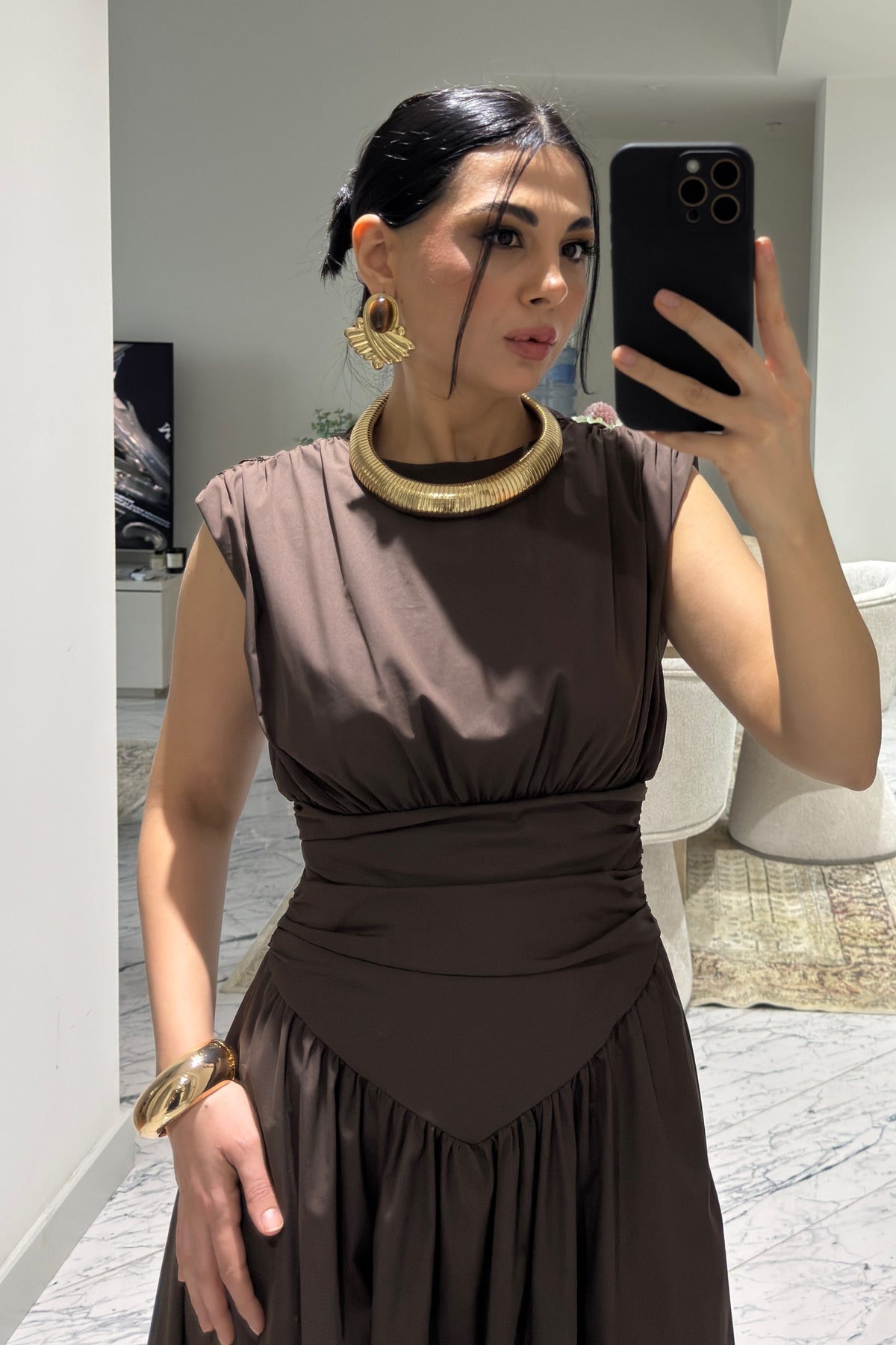 Pinterest Model Beli Drapeli Kahverengi Elbise SY-3610-Kahve