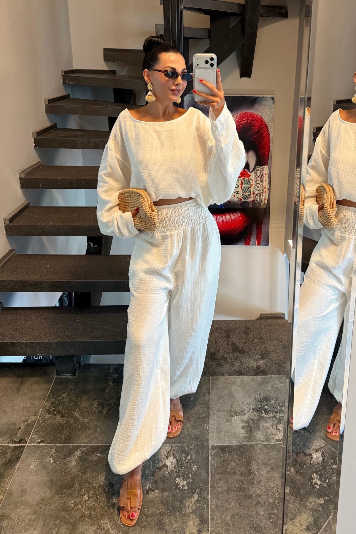 Ekru Gipeli Bel Pantolonlu Müslin Takım SY-3783-Ekru