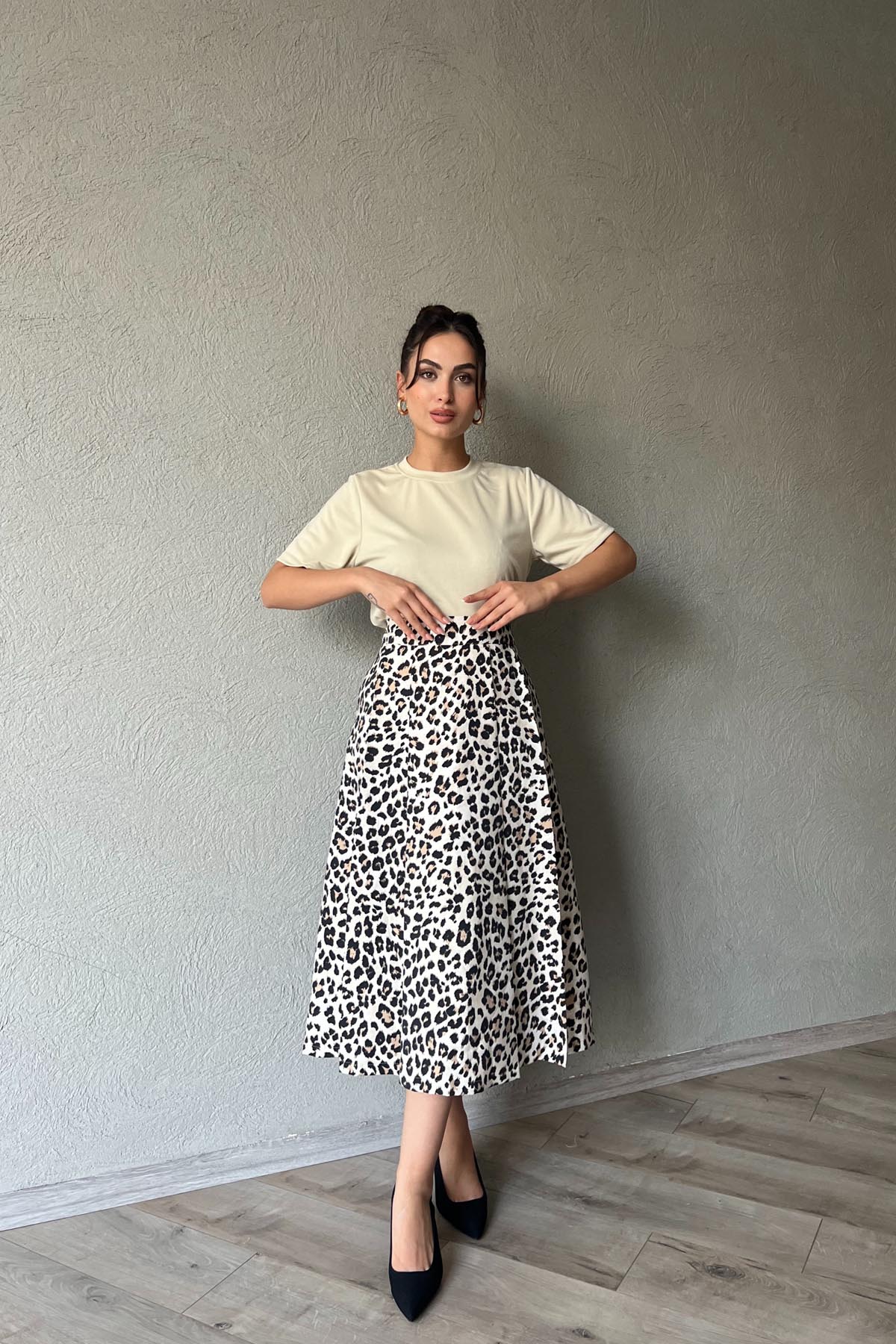 Leopar Desenli Pile Detaylı Kloş Etek SY-1949-Leopar