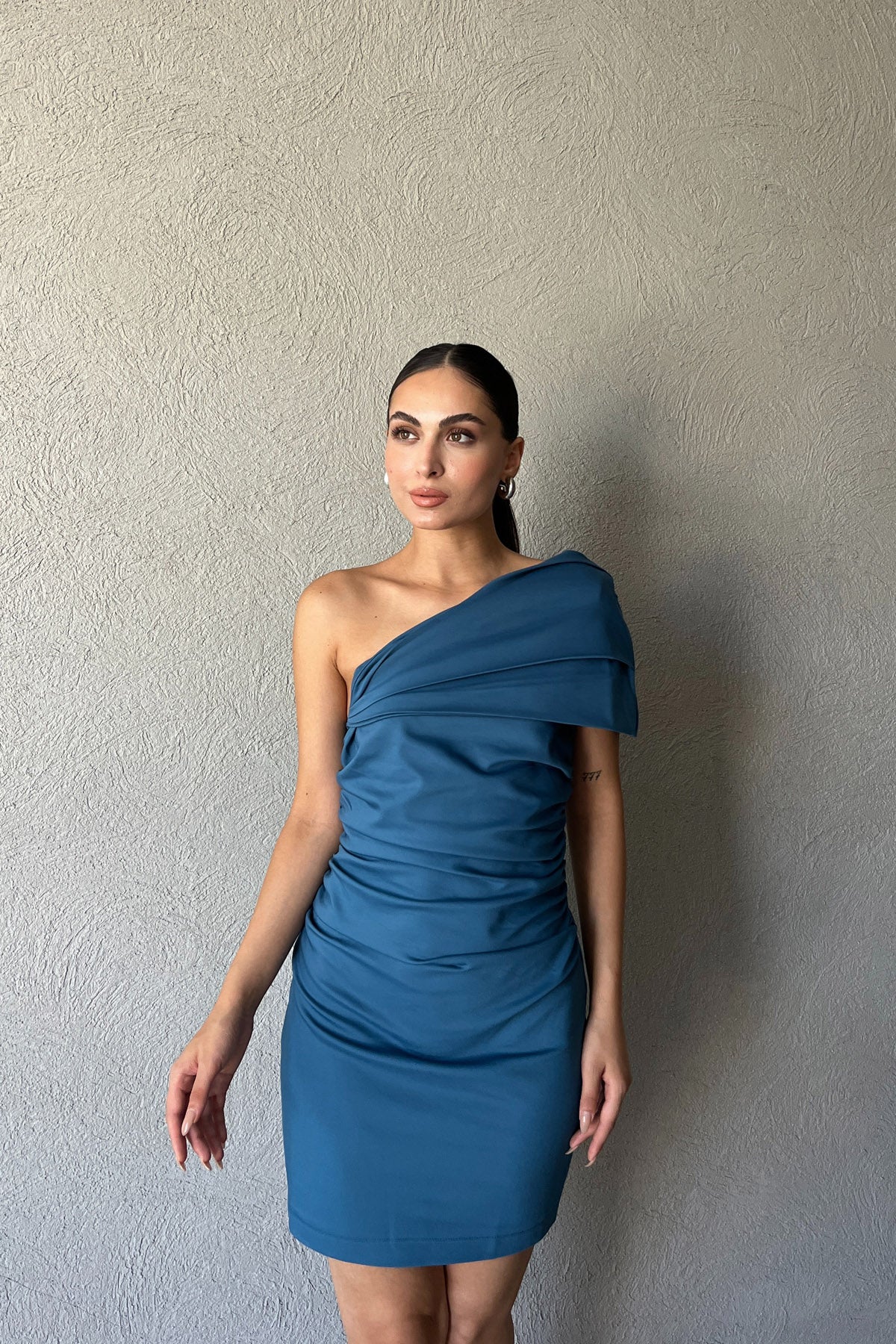 İndigo Tek Omuz Kısa Elbise SY-2363-İndigo