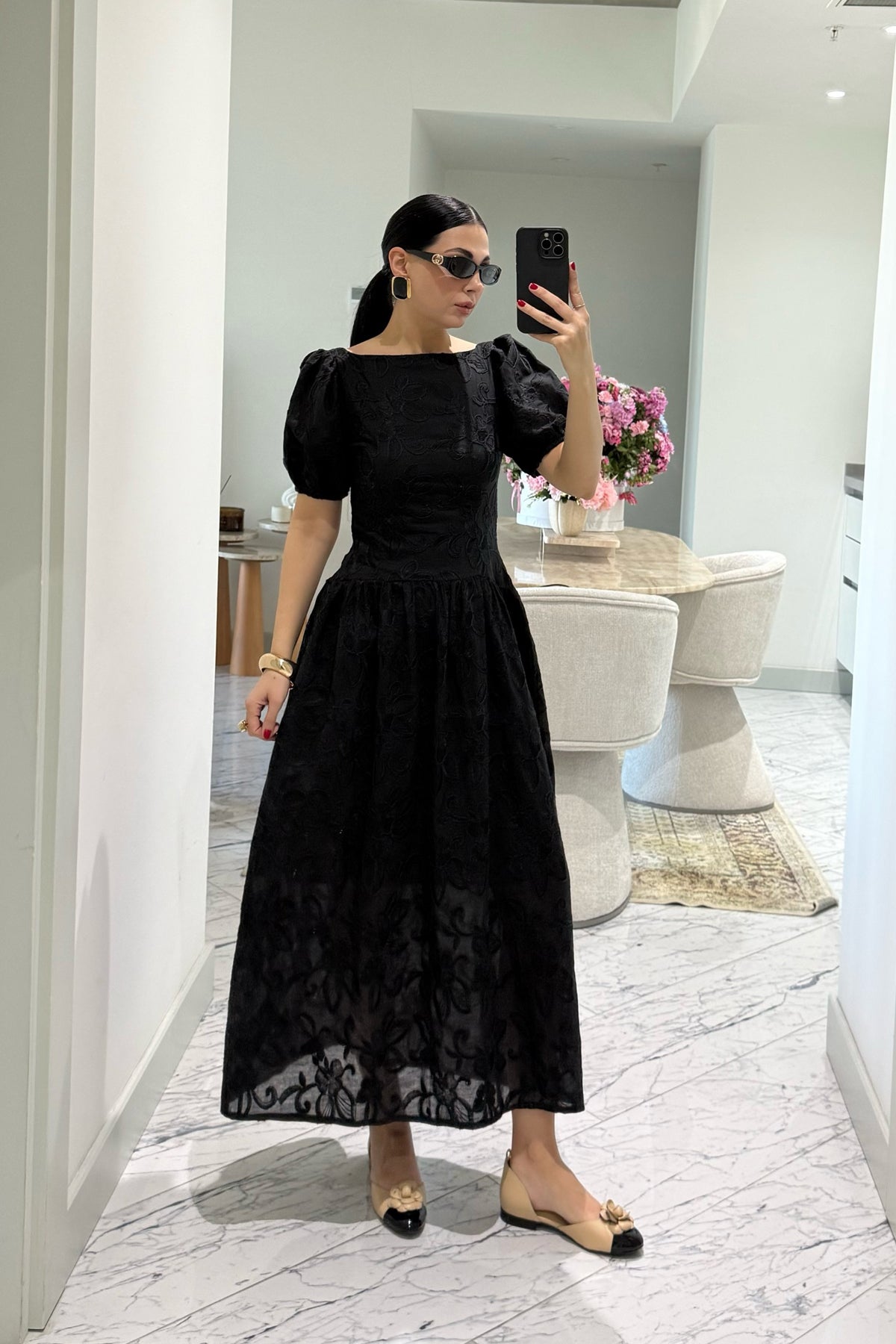 Brode Siyah Midi Santorini  Elbise SY-3660-Siyah