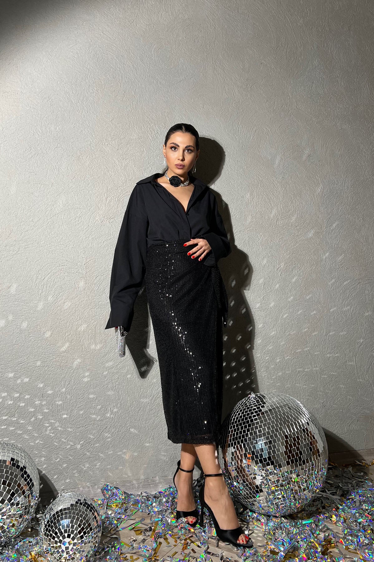 Siyah Pullu Bağlama Detaylı Etek SY-1393-Siyah