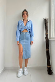 Açık Mavi Yandan Derin Yırtmaç Detaylı Denim Etek SY-0179-Açık Mavi