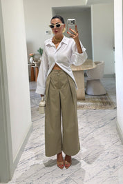 Haki Pileli Geniş Paça Gabardin Pantolon SY-3847-Haki