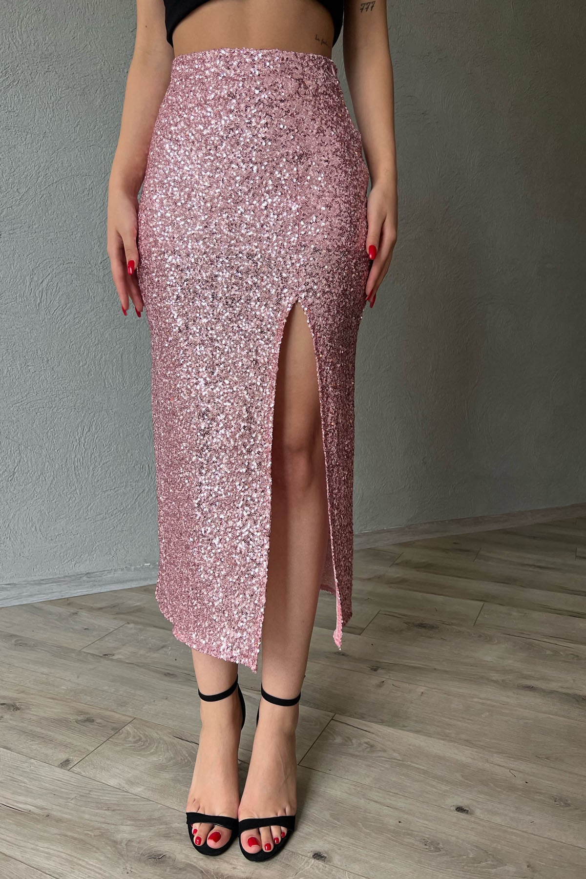 Pudra Pullu Fermuarlı Yırtmaç Detaylı Midi Etek SY-1327-Pudra