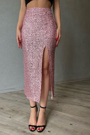 Pudra Pullu Fermuarlı Yırtmaç Detaylı Midi Etek SY-1327-Pudra