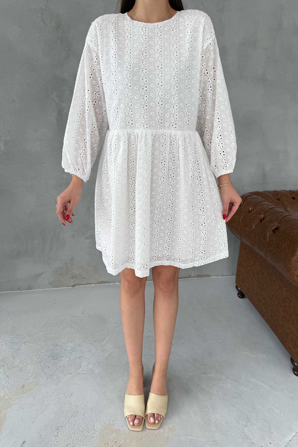 Ekru Brode Midi Boy Elbise SY-3049-Ekru