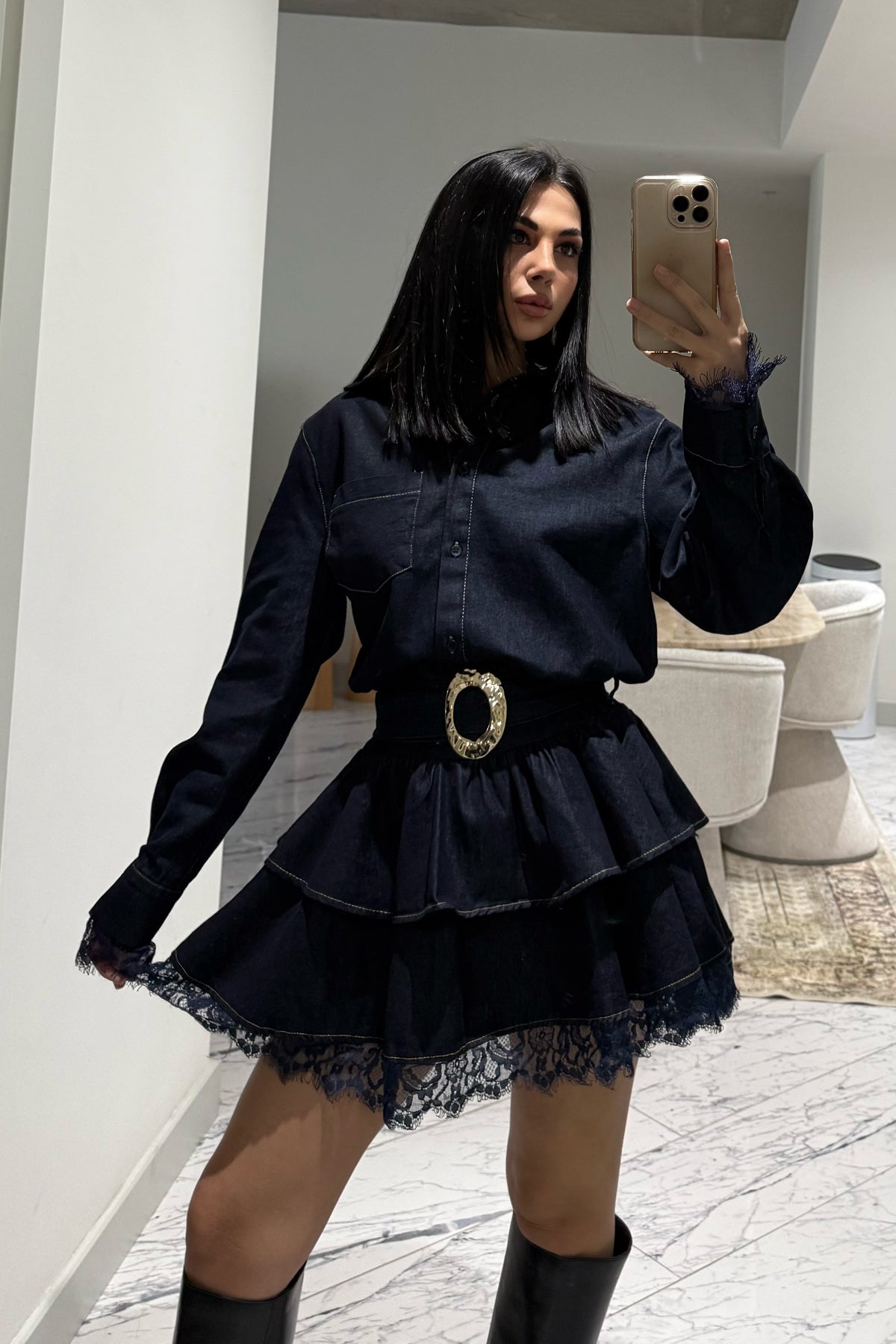 Dantel Detaylı Kemerli Denim Mini Elbise SY-3490-Lacivert