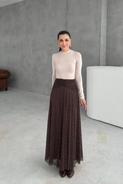 Kahve Büzgülü Flok Baskı Puantiyeli Etek SY-3358-Kahve