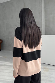 Vizon Çizgili Polo Yaka Kazak SY-3439-Vizon