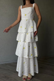 Yeşil Sarı Çiçekli Arkası Bağlama Detaylı Kat Kat Elbise SY-2038-Yeşil-Sarı