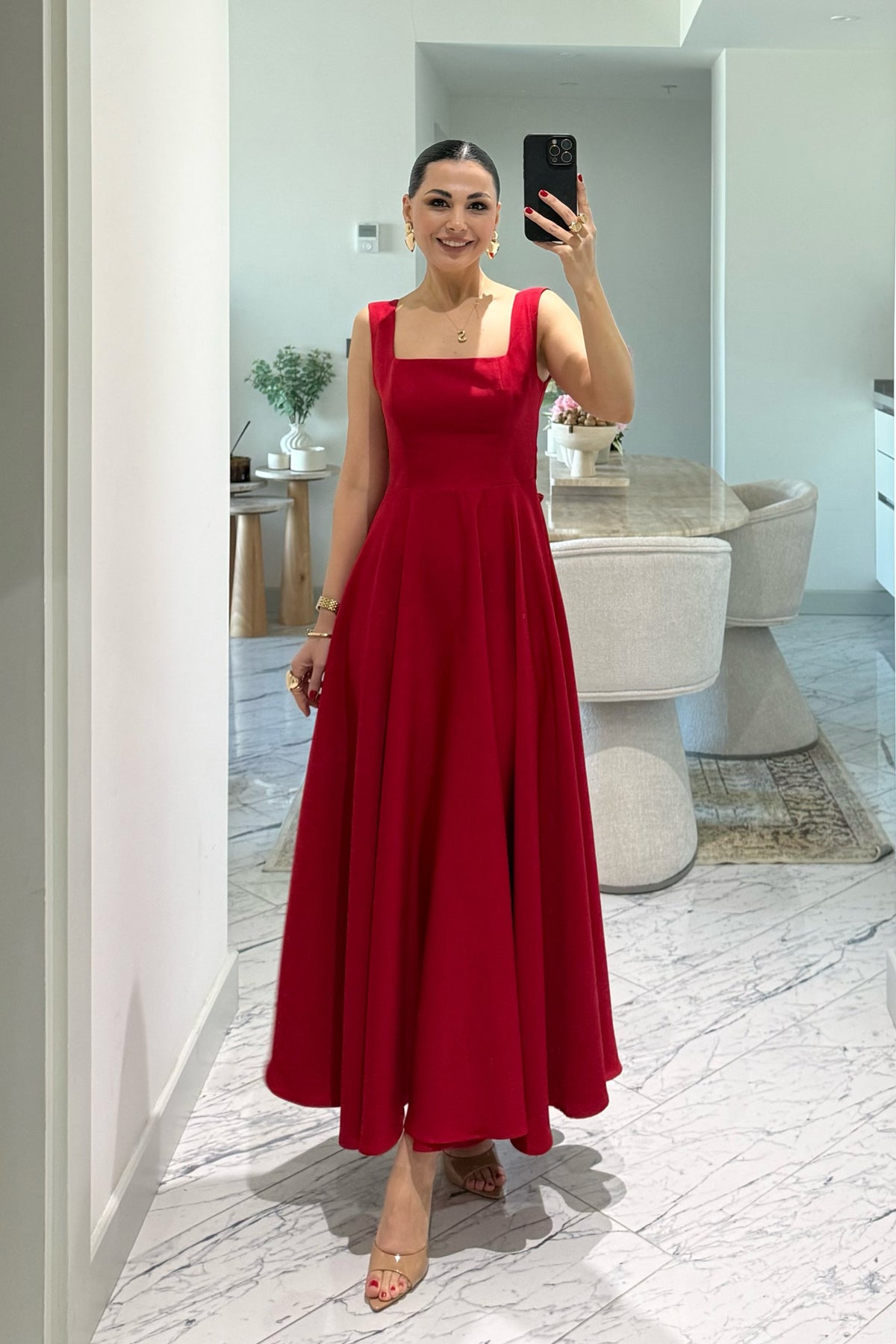 Kırmızı Kare Yaka Füsun Prenses Elbise SY-3649-Kırmızı