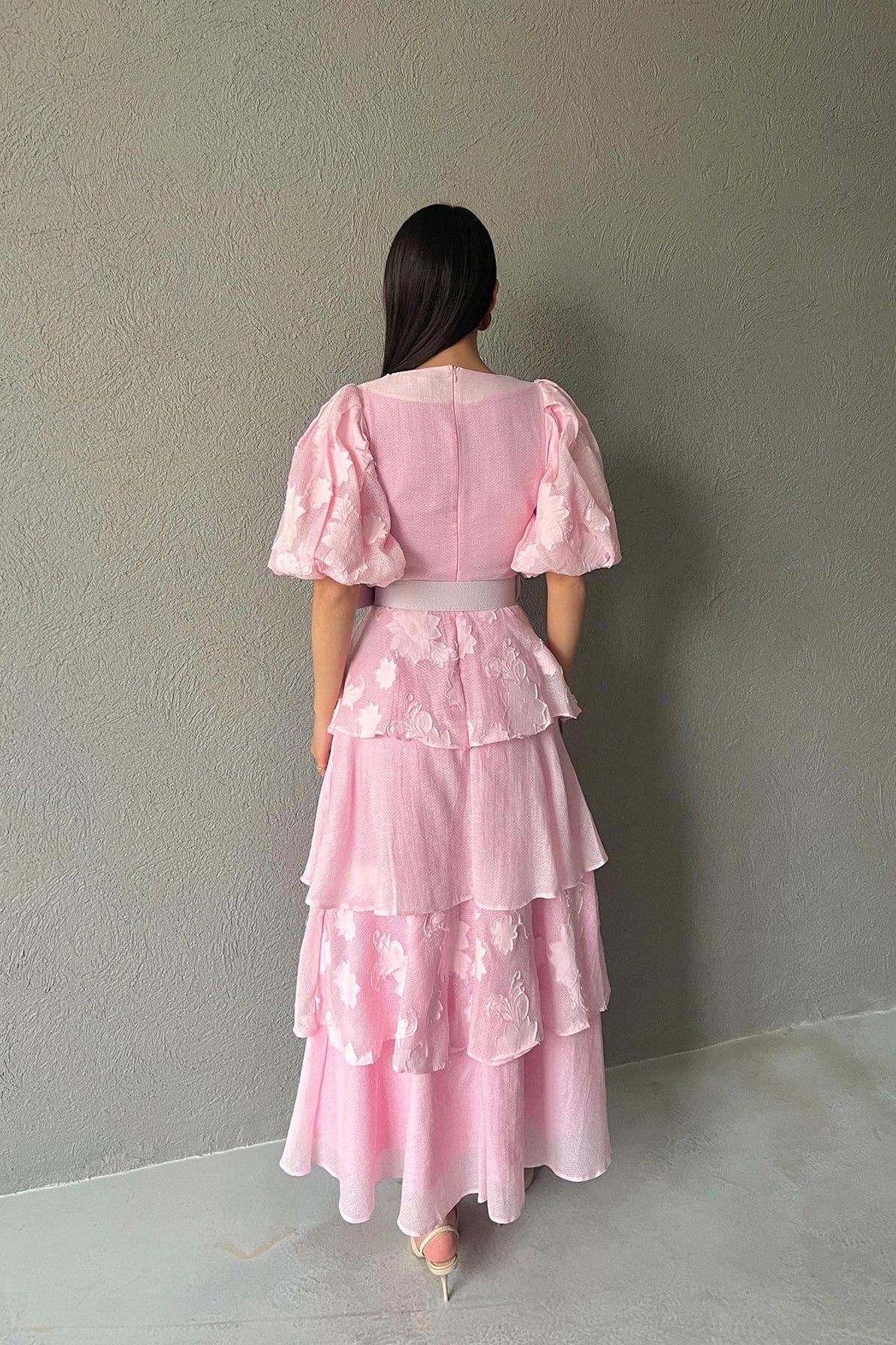 Pembe Tasarım Kat Detaylı Pinterest Lipari Elbise (Kemersiz) SY-3375-Pembe